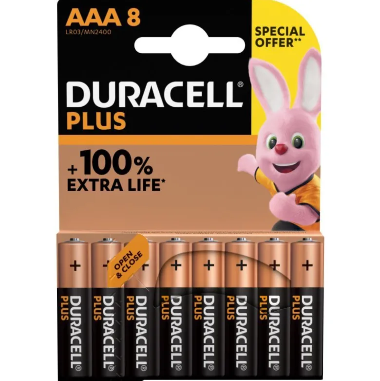 AAA, 1,5 Volt 1,5 volt Batterier Duracell Plus Power Alkaline. 8 st