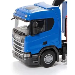 Emek Scania Recycle lastväxlare med kran och blå hytt