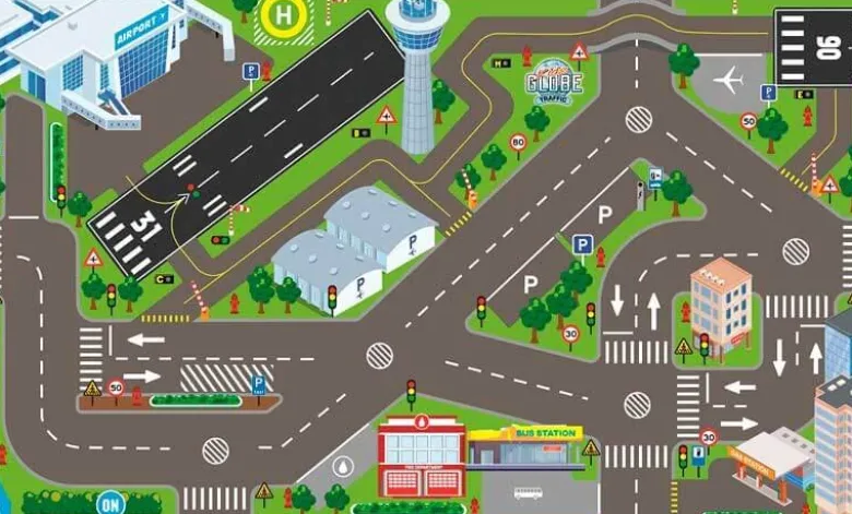 Lekmatta med Flygplats LED Trafikljus till leksaksbilar Kids Globe